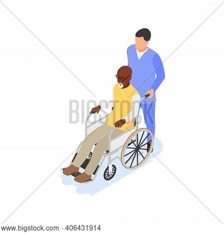 The Medical Staff Is Helping An Elderly Man In A Wheelchair To Get Around.