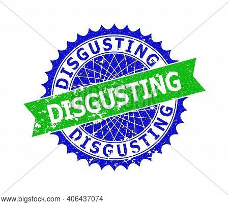 Vector Disgusting Bicolor Seal With Grunge Style. Blue And Green Colors. Flat Seal Stamp With Disgus