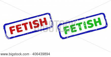 Vector Fetish Framed Rubber Imitations With Distress Surface. Rough Bicolor Rectangle Seal Stamps. R