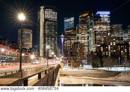 Calgary Alberta Canada, January 30 2021: A Long Exposure Photograph At Night Of Downtown Landmarks I