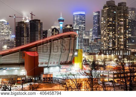 Calgary Alberta Canada, January 30 2021: A Long Exposure Photograph At Night Of Downtown Landmarks I