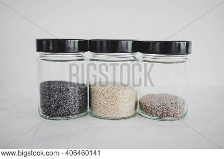 Seed Jars With Sesame Poppy Pupmkin Chia And Flax Seeds As Important Nutrient Sources For Nutrition