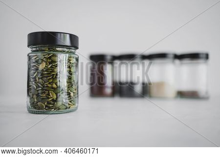 Seed Jars With Sesame Poppy Pupmkin Chia And Flax Seeds As Important Nutrient Sources For Nutrition