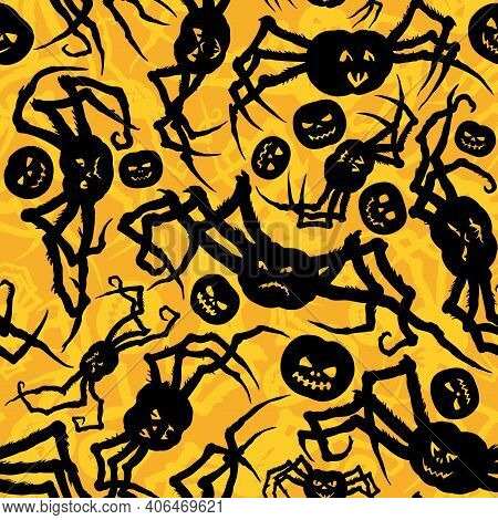 Seamless Background With Monsters Pumpkins With Spiders Legs