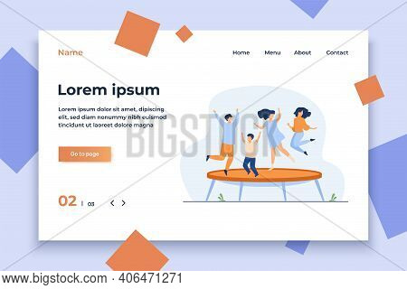 Happy Friends Jumping On Trampoline Flat Vector Illustration. Cartoon People Having Fun And Bouncing