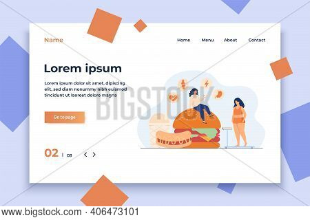 Fat Woman Keeping Unhealthy Diet, Eating Junk Food, Having High Cholesterol And Health Problem. Vect