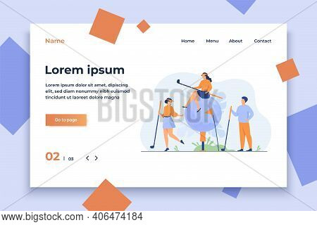 Happy People Playing Golf With Brassies And Ball On Lawn, Enjoying Their Hobby, Having Fun. Vector I