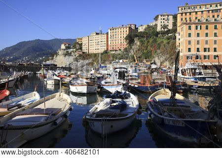 Camogli (ge), Italy - June 01, 2017: Camogli's Harbour In The Fishing Village Of Camogli, Gulf Of Pa