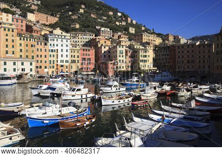 Camogli (ge), Italy - June 01, 2017: Camogli\'s Harbour In The Fishing Village Of Camogli, Gulf Of P