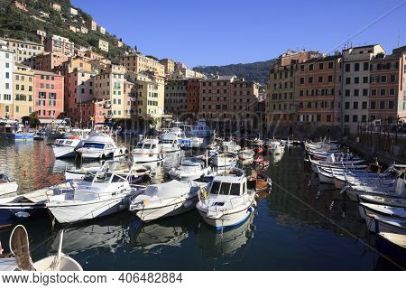 Camogli (ge), Italy - June 01, 2017: Camogli's Harbour In The Fishing Village Of Camogli, Gulf Of Pa