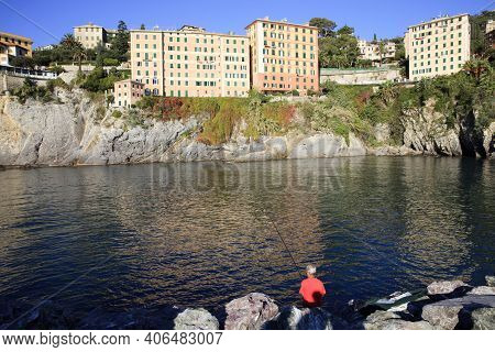 Camogli (ge), Italy - June 01, 2017: Camogli\'s Harbour In The Fishing Village Of Camogli, Gulf Of P