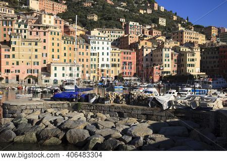 Camogli (ge), Italy - June 01, 2017: Camogli\'s Harbour In The Fishing Village Of Camogli, Gulf Of P