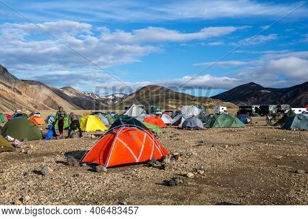 Landmannalaugar, Iceland - July 30, 2017: Tourist Camp In Volcanic Mountains Of Landmannalaugar In F