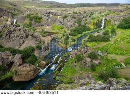 Hjalparfoss; Iceland - July 29, 2017: Scenic Landscape Of Hjalparfoss On The South Of Iceland