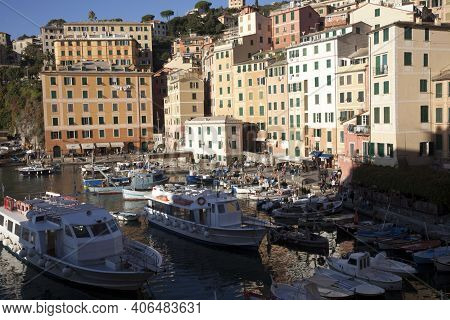 Camogli (ge), Italy - June 01, 2017: Camogli's Harbour In The Fishing Village Of Camogli, Gulf Of Pa