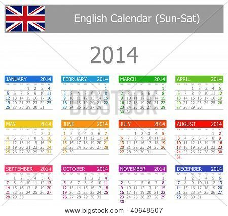 2014 Inglés tipo 1 calendario Sun-sat