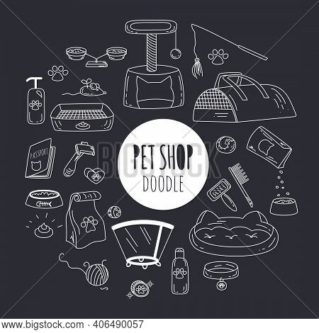 Big Doodle Set With Pets Stuff And Supply Icons Set On Black Background. Vector Illustration In Hand