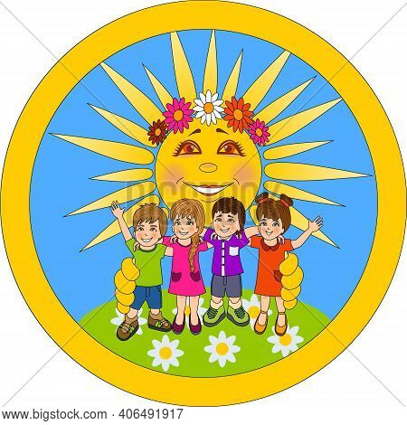 Cute Colorful Cartoon Illustration Of Happy Children And The Sun That Hugs Them. Happy Friendship Da
