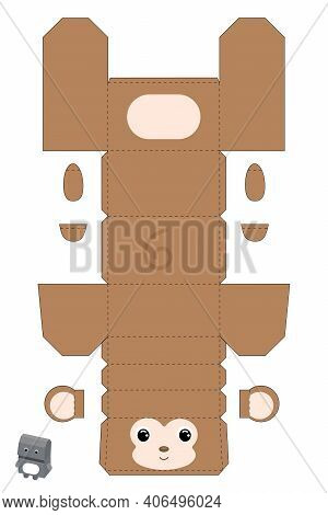Party Favor Box Monkey Design For For Sweets, Candies, Small Presents, Bakery. Package Template, Gre
