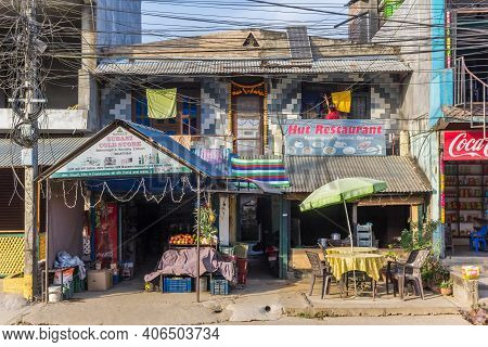 Chitwan, Nepal - November 09, 2019: Restaurant And Shop In The Center Of Sauraha, Nepal