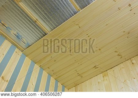 Construction Of A Country House, Clapboard Decoration Of Walls And Ceilings In The Room
