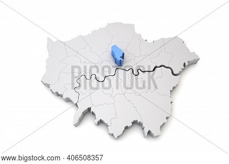 Greater London Map Showing Islington Borough In Blue. 3d Rendering