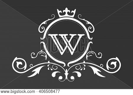 Stylized Letter W Of The Latin Alphabet. Monogram Template With Ornament And Crown For Design Of Ial