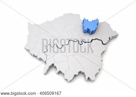 Greater London Map Showing Redbridge Borough In Blue. 3d Rendering