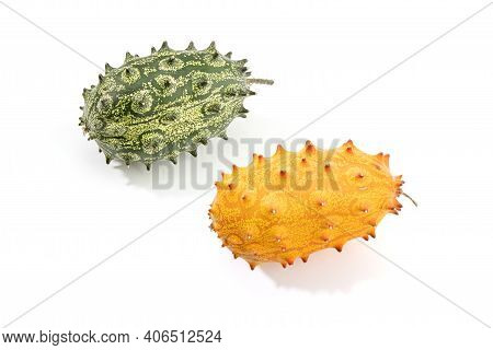 Green And Ripe Kiwano. Spiked Or Jelly Melon Isolated On White Background.