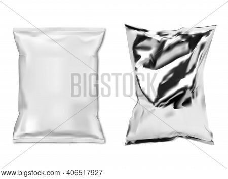 Foil Snack Bag. White Plastic Food Sachet Isolated Vector Blank. Snack Pouch Mock Up Template Design