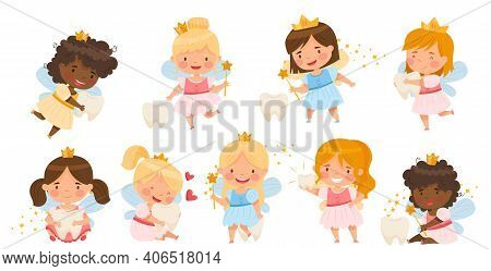 Cute Little Tooth Fairy With Baby Teeth And Wand Vector Set