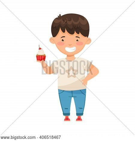 Little Boy Holding Cupcake With Whipped Cream Vector Illustration