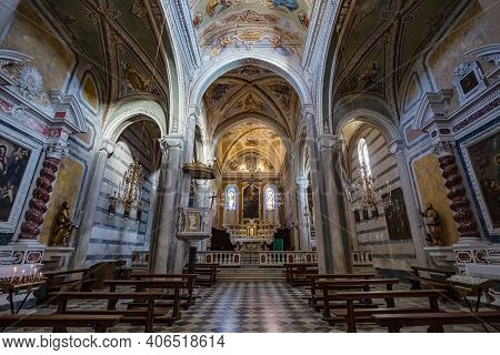 CORNIGLIA, ITALY - october 2020: inside of the Sant Pietro church in Corniglia village in Cinque Terre on the Italian Riviera