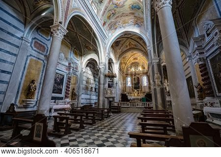 CORNIGLIA, ITALY - october 2020: inside of the Sant Pietro church in Corniglia village in Cinque Terre on the Italian Riviera