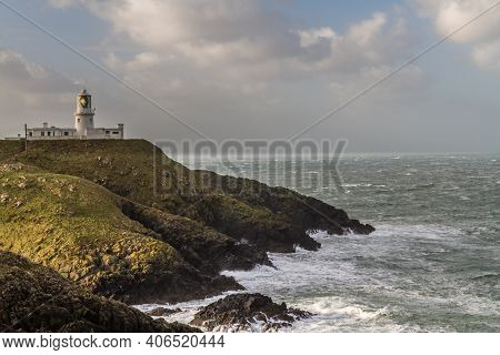 Stormy Sea At Strumble Head With Lighthouse, Pembrokeshire, Wales, United Kingdom, Landscape