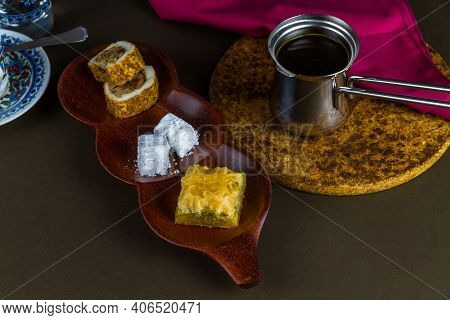 Baclava And Turkish Delight Served With Coffee.
