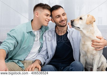 Happy Same Sex Couple Smiling And Looking At Labrador In Living Room.