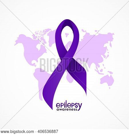 Violet Epilepsy Awareness Ribbon With Hand Lettering Text, Silhouette Of Map. Template For Backgroun