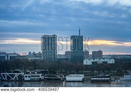 Belgrade, Serbia - January 1, 2021: Skyscraper Towers Of The Shopping And Business Center Of Usce In