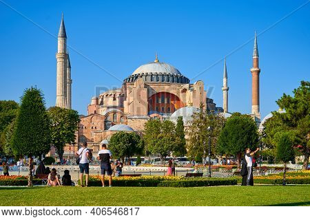 Bright Summer Day The Sofia Mosque View At Sultanahmet Square In Istanbul City. Turkey , Istanbul - 