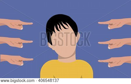 Taunts The Child. Vector. Baby Crying And Other Children Bullying And Pointing Fingers.