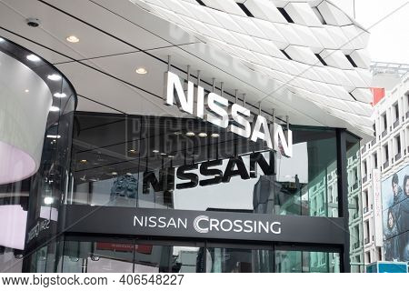 Tokyo, Japan - May 28, 2019: Nissan Crossing showroom in Ginza, Tokyo. Ginza is a legendary shopping area in Chuo Ward of Tokyo