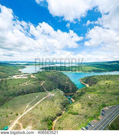 Panoramic Aerial View Of The Belvedere Of The Canyons On A Sunny Day. Canyons Of Furnas, Boat Rides 