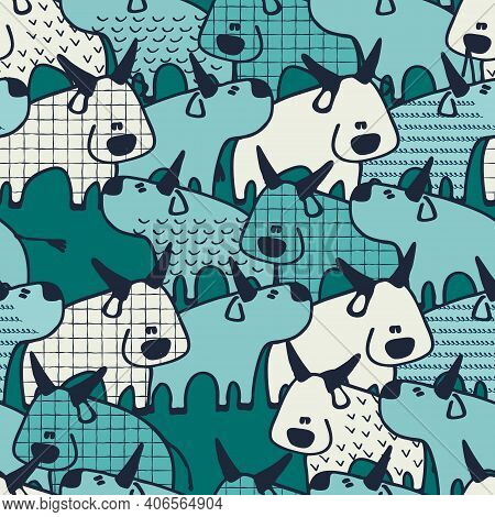 Seamless Pattern With Oxen, Chinese Zodiac Animal For 2021. Bulls In Cartoon Style. Perfect Design F