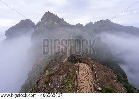 Hiking Path Near The Mountain Peak Pico Do Arierio On Madeira Island