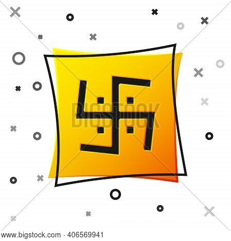 Black Hindu Swastika Religious Symbol Icon Isolated On White Background. Yellow Square Button. Vecto