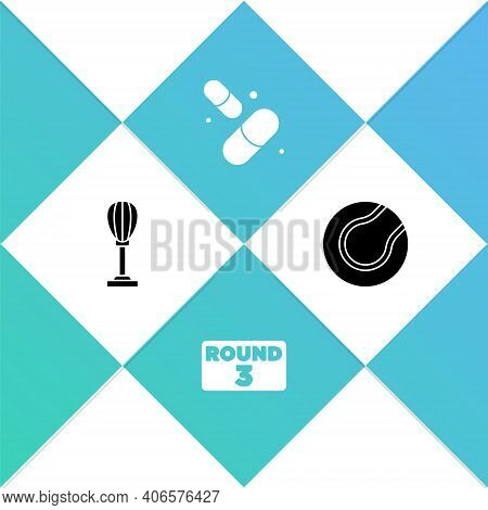 Set Punching Bag, Boxing Ring Board, Vitamin Pill And Tennis Ball Icon. Vector