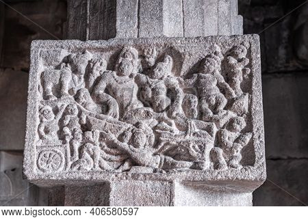 Bagalakote, Karnataka, India - November 7, 2013: Pattadakal Temple Complex. Gray Stone Erotic Tablea