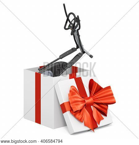 Elliptical Trainer Inside Gift Box, Present Concept. 3d Rendering Isolated On White Background