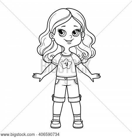 Cute Cartoon Girl In Star Print T-shirt And Denim Shorts Outline For Coloring On A White Background.